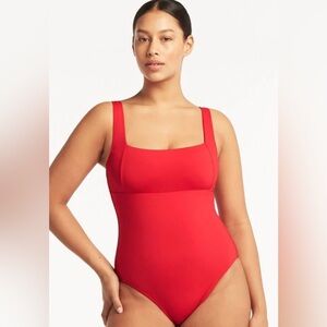 NWT $120 Sea Level Eco Essentials Square Neck One Piece Swimsuit - Red Sz 8